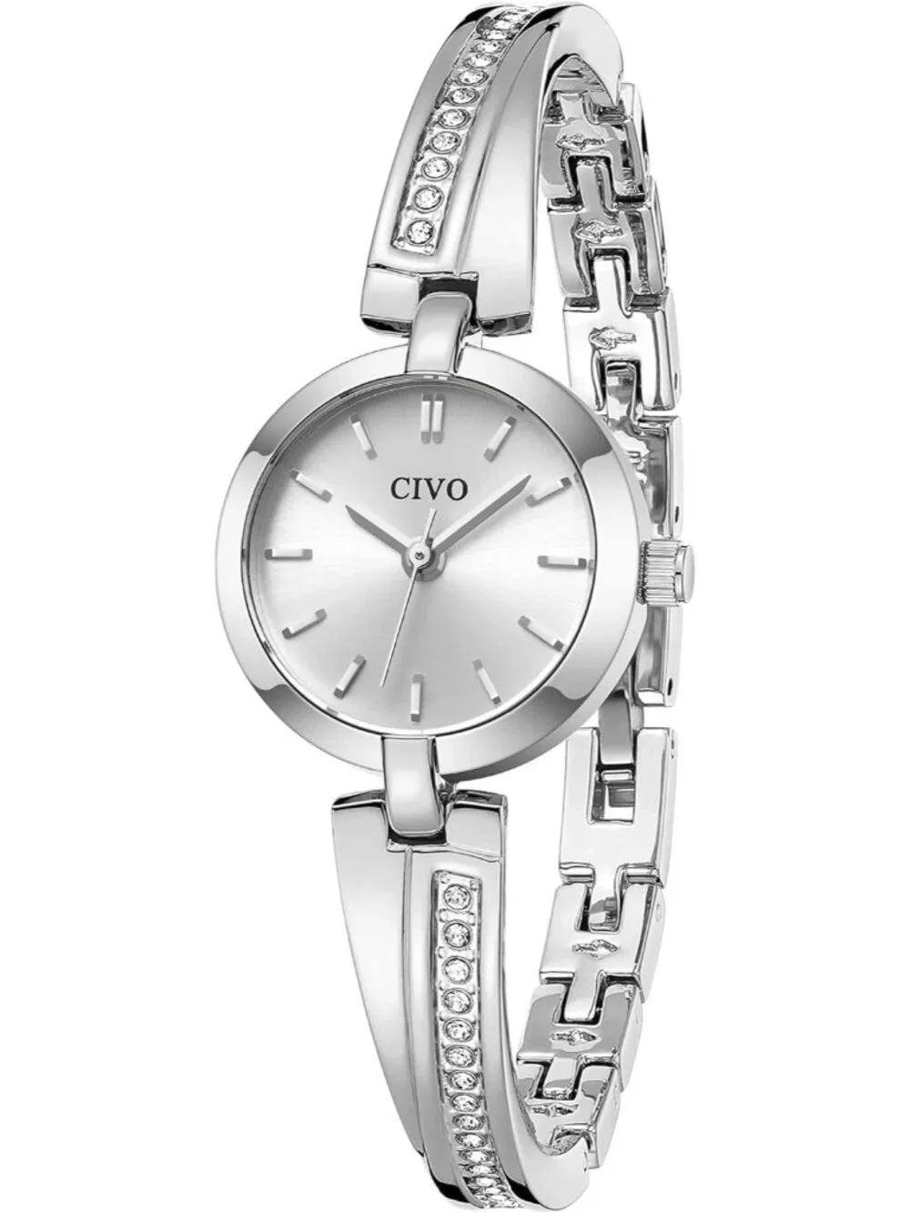 Women's All Silver Diamond Bangle Stainless Steel Adjustable Casual Wrist Watch